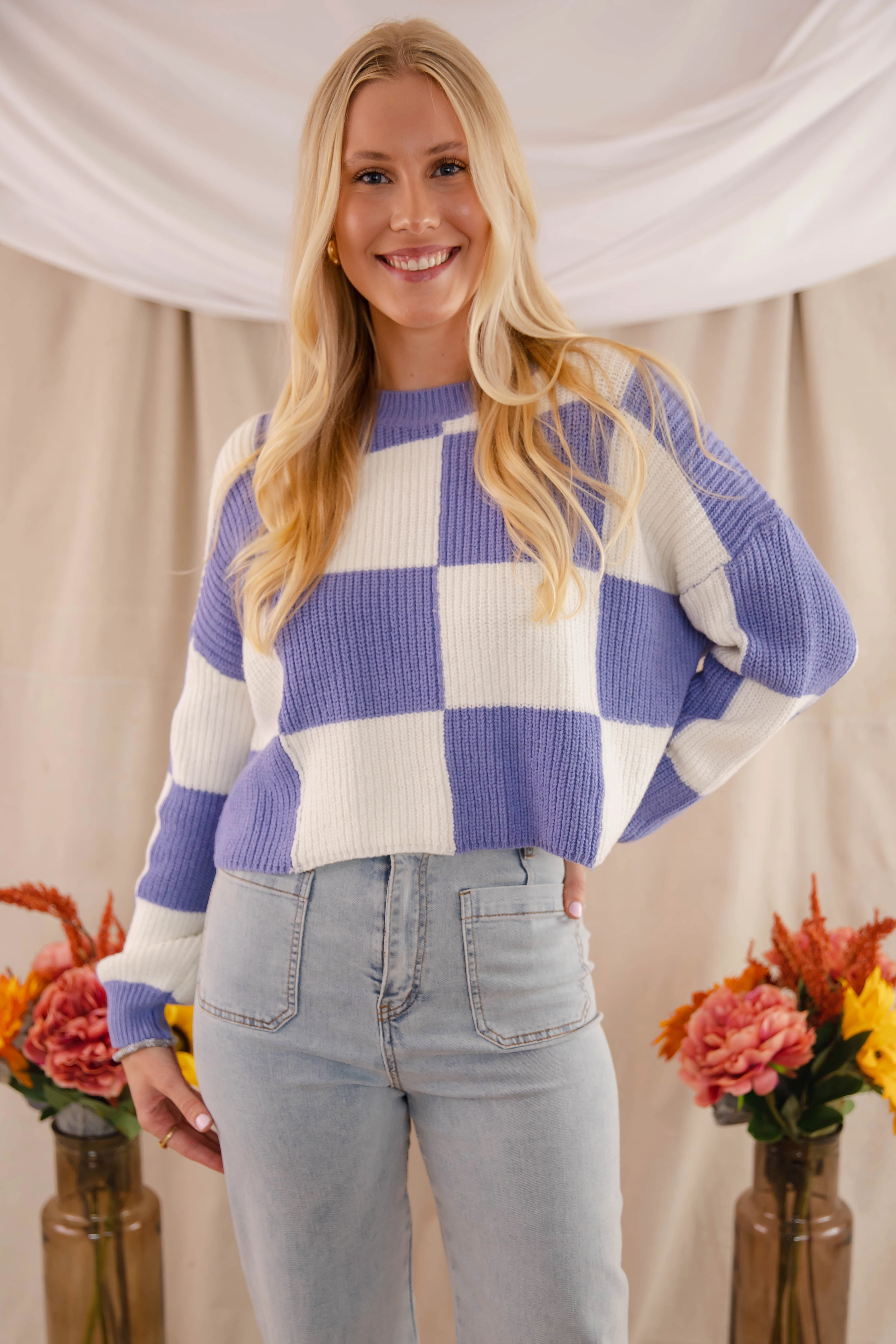 Checking Off the Boxes Sweater-Blue Easy Wear