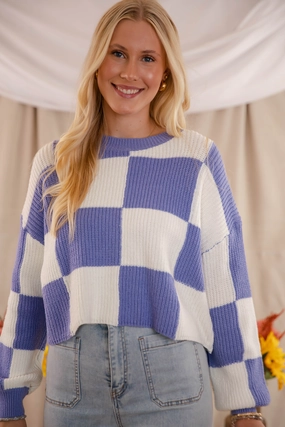 Checking Off the Boxes Sweater-Blue Breathable Ventilation Convertible Sleeve Adaptation
