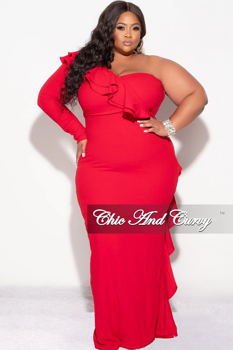 Final Sale Plus Size One Shoulder Ruffle Trim Gown in Red FadeResistantTechnology