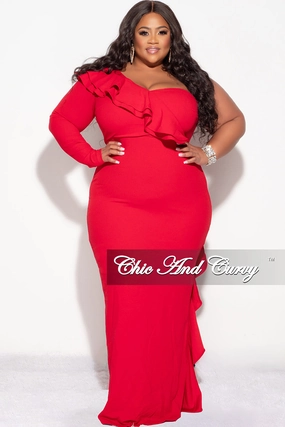 AntiPilling Winter Hoodie Final Sale Plus Size One Shoulder Ruffle Trim Gown in Red