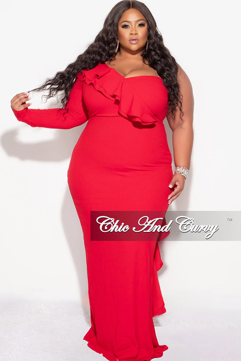 Final Sale Plus Size One Shoulder Ruffle Trim Gown in Red Odor Neutralizing Technology No Iron Fabric