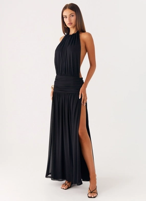 Solena Halter Neck Maxi Dress - Black Crisp Texture Elegant Silhouette