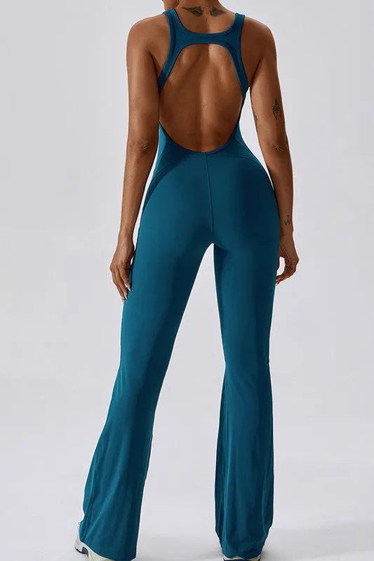 Solid flared trousers cutout back jumpsuit