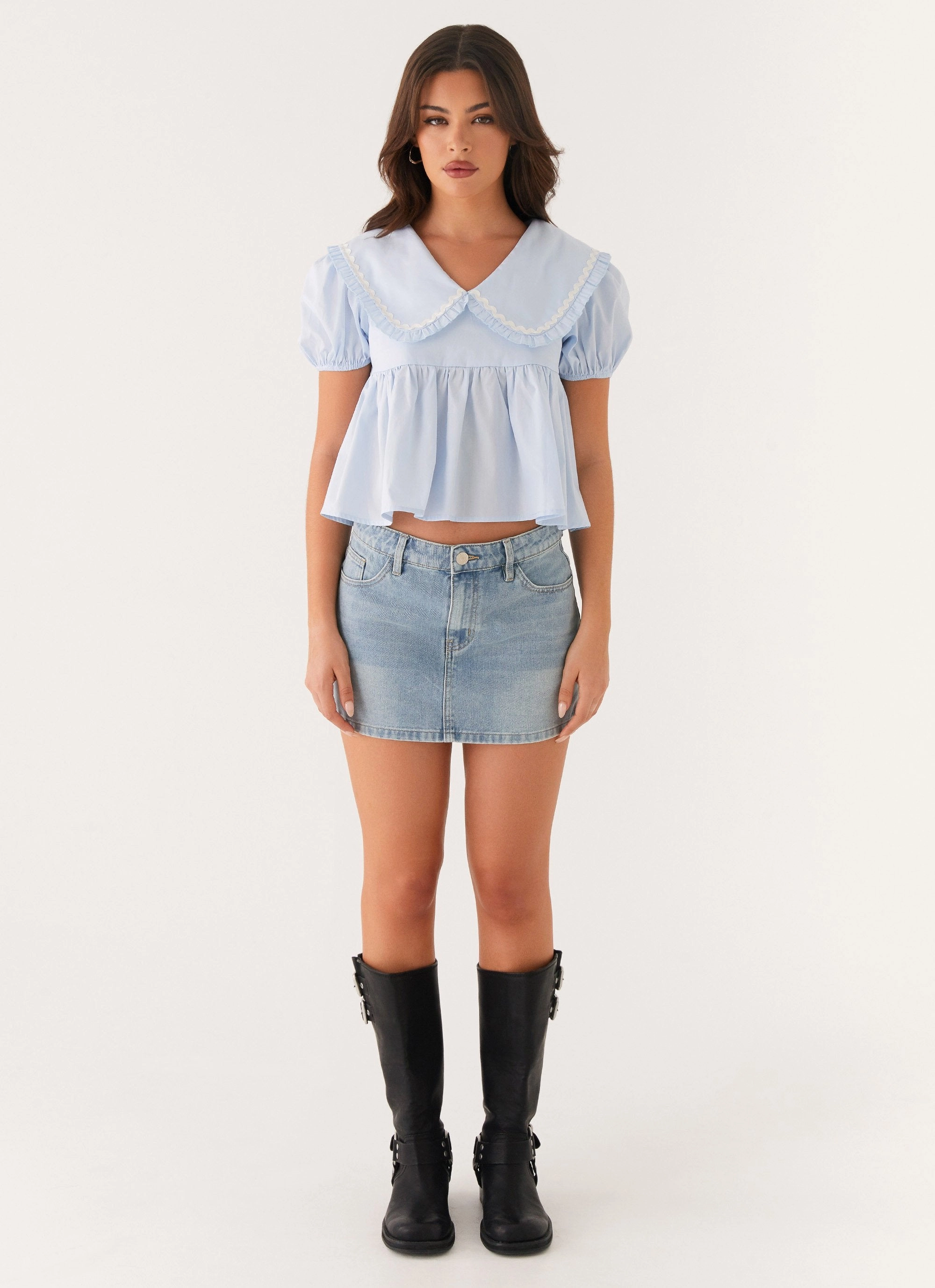 Sophie Babydoll Top - Blue Breathable Knit Fabric