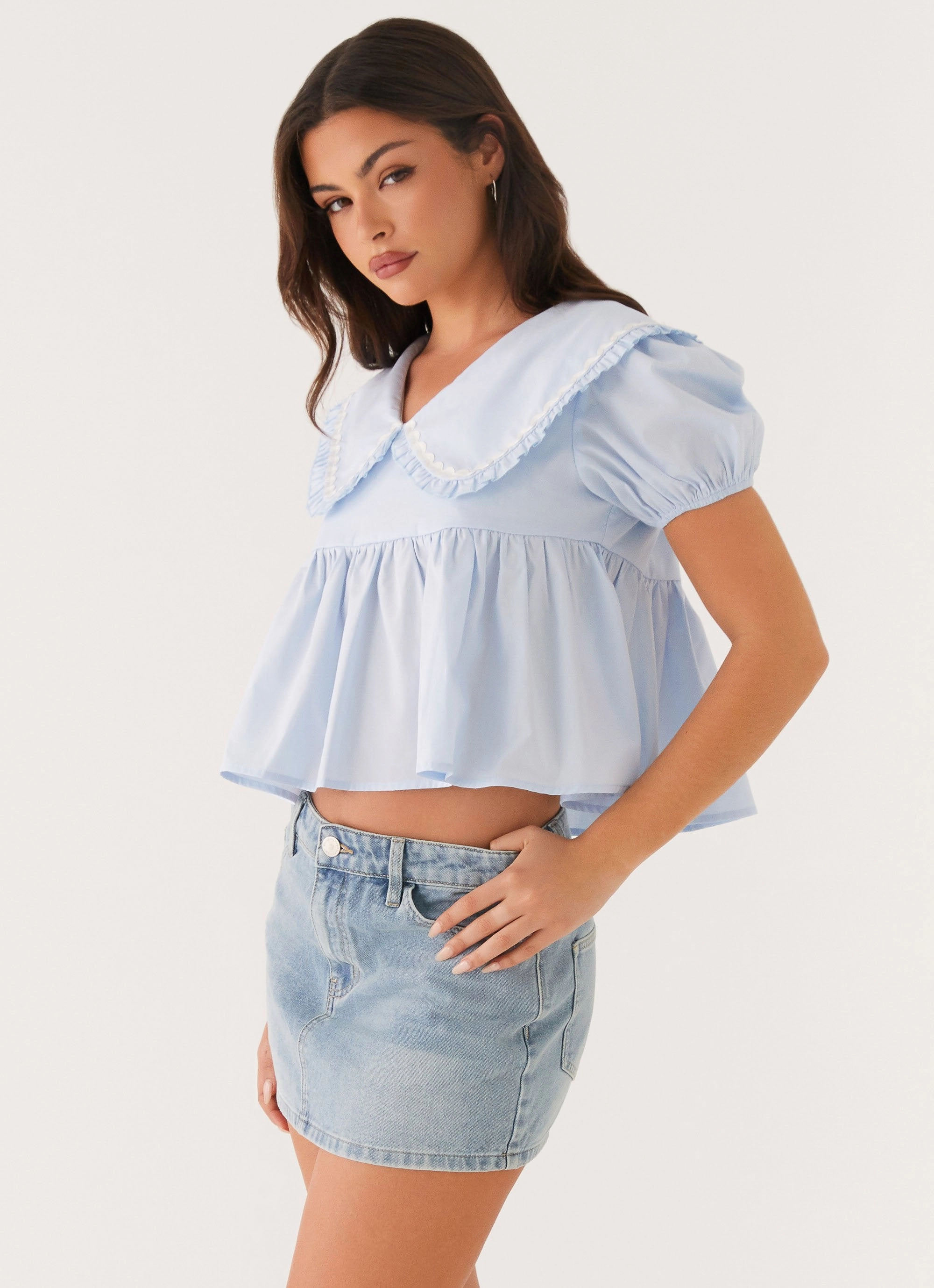 Sophie Babydoll Top - Blue Metallic Fiber Blend Anti Bacterial Layer