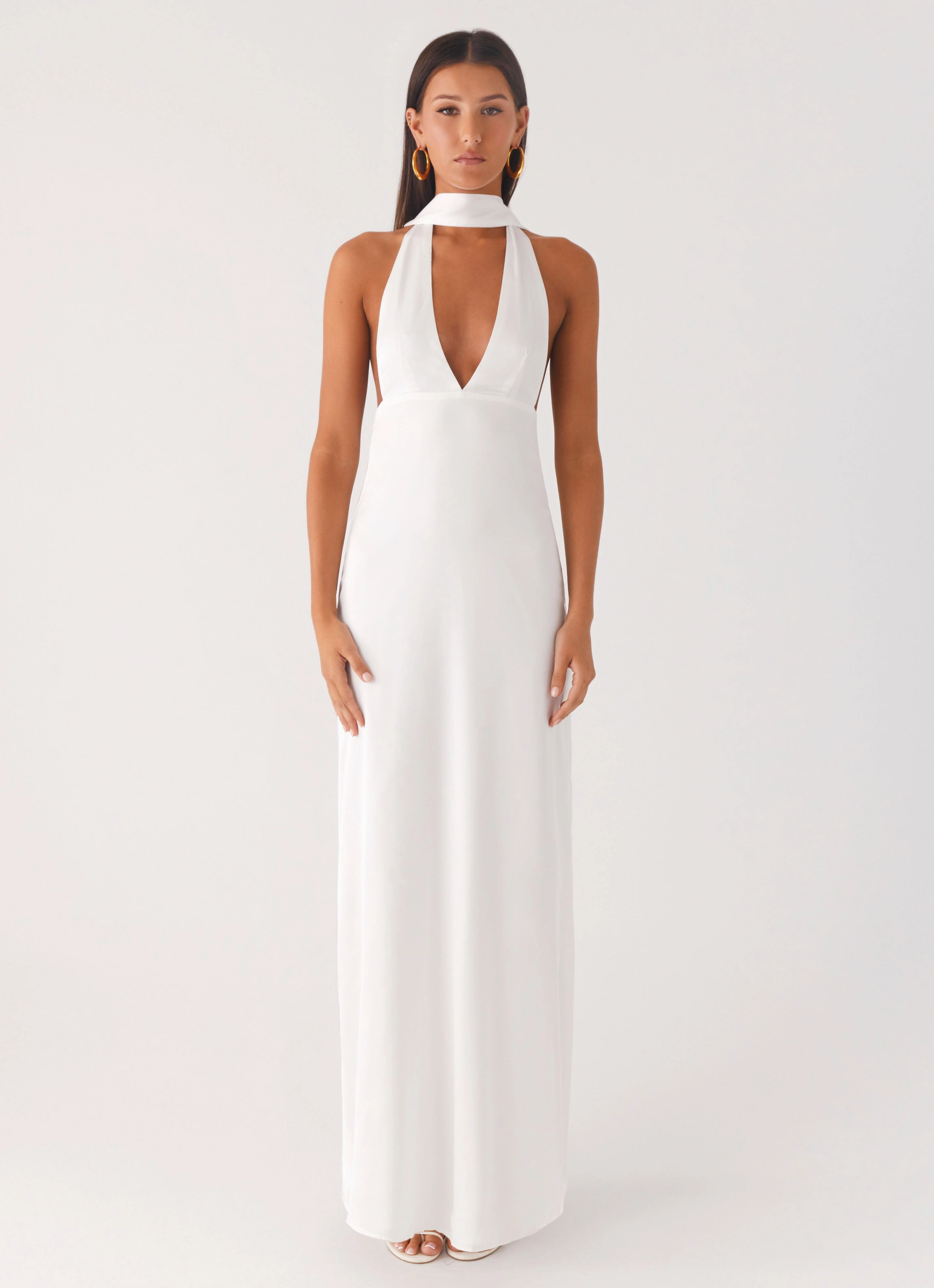 Versatile Cut Timeless-Classic Alicia Satin Halter Maxi Dress - White