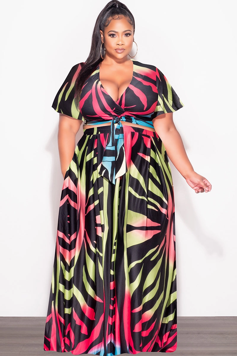 Final Sale Plus Size 2pc (Faux Wrap Crop Tie Top & Skirt) Set in Black Multi-Color Print Cozy Material Durable Twill