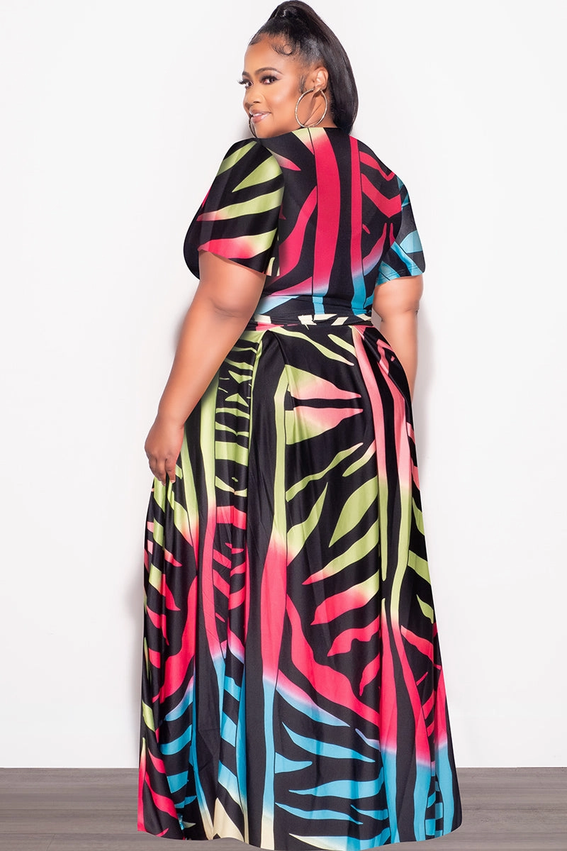 Final Sale Plus Size 2pc (Faux Wrap Crop Tie Top & Skirt) Set in Black Multi-Color Print ThermalRegulation Walk Friendly