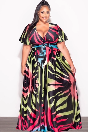 Final Sale Plus Size 2pc (Faux Wrap Crop Tie Top & Skirt) Set in Black Multi-Color Print Versatile Look Non Bulk