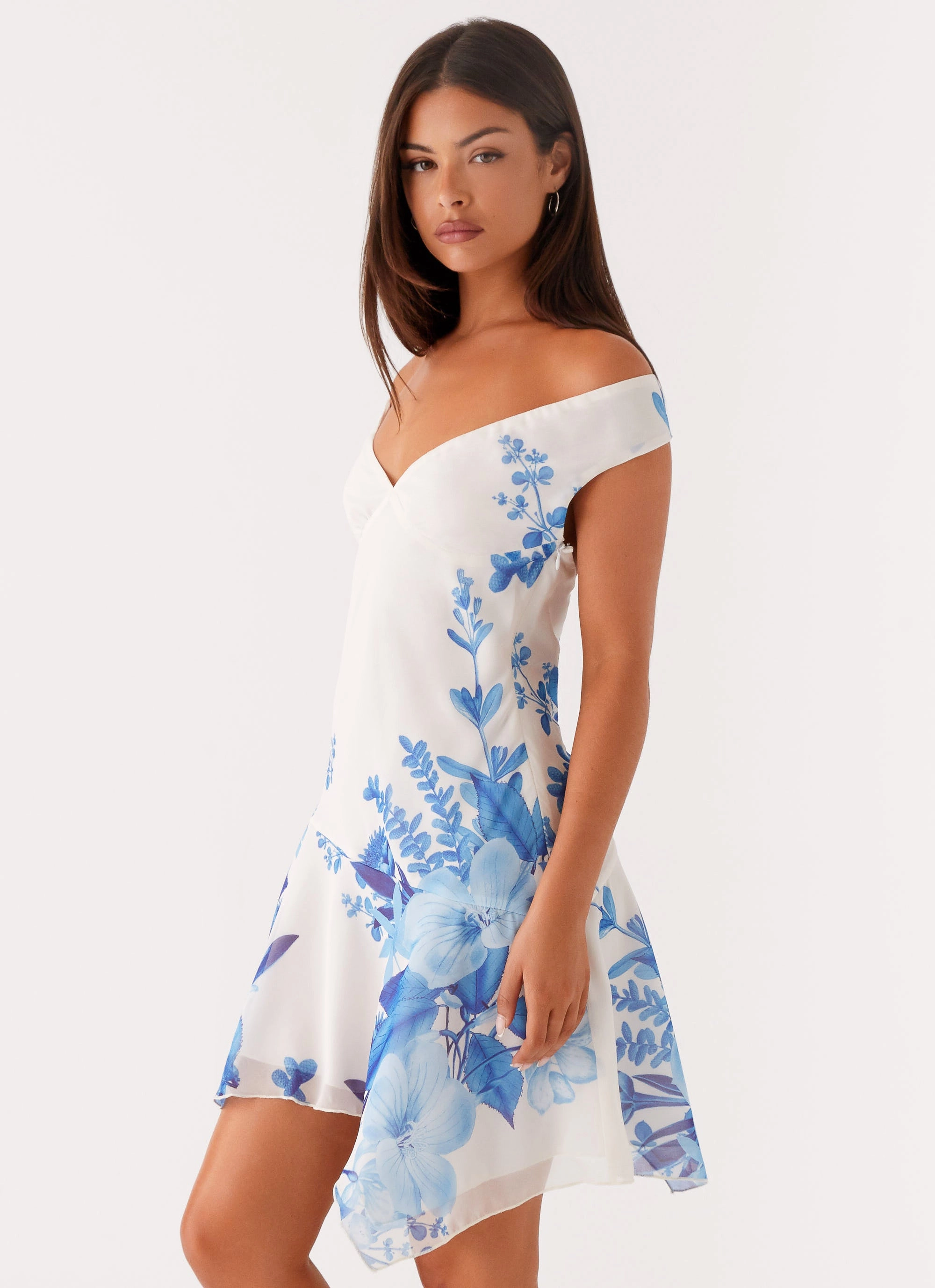 Alma Mini Dress - Blue Floral Print Tulle-Overlay