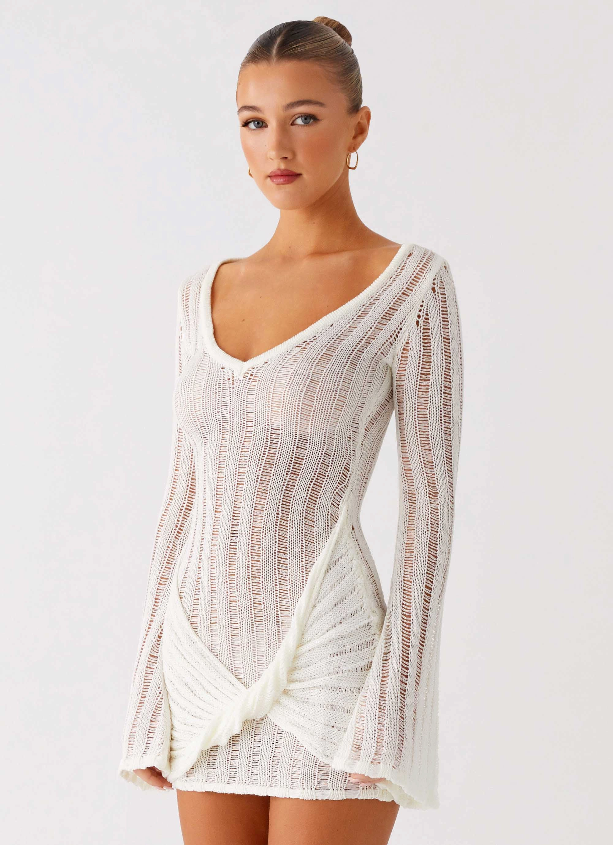 Cozy Silhouette Sorelle Long Sleeve Twist Mini Dress - Ivory