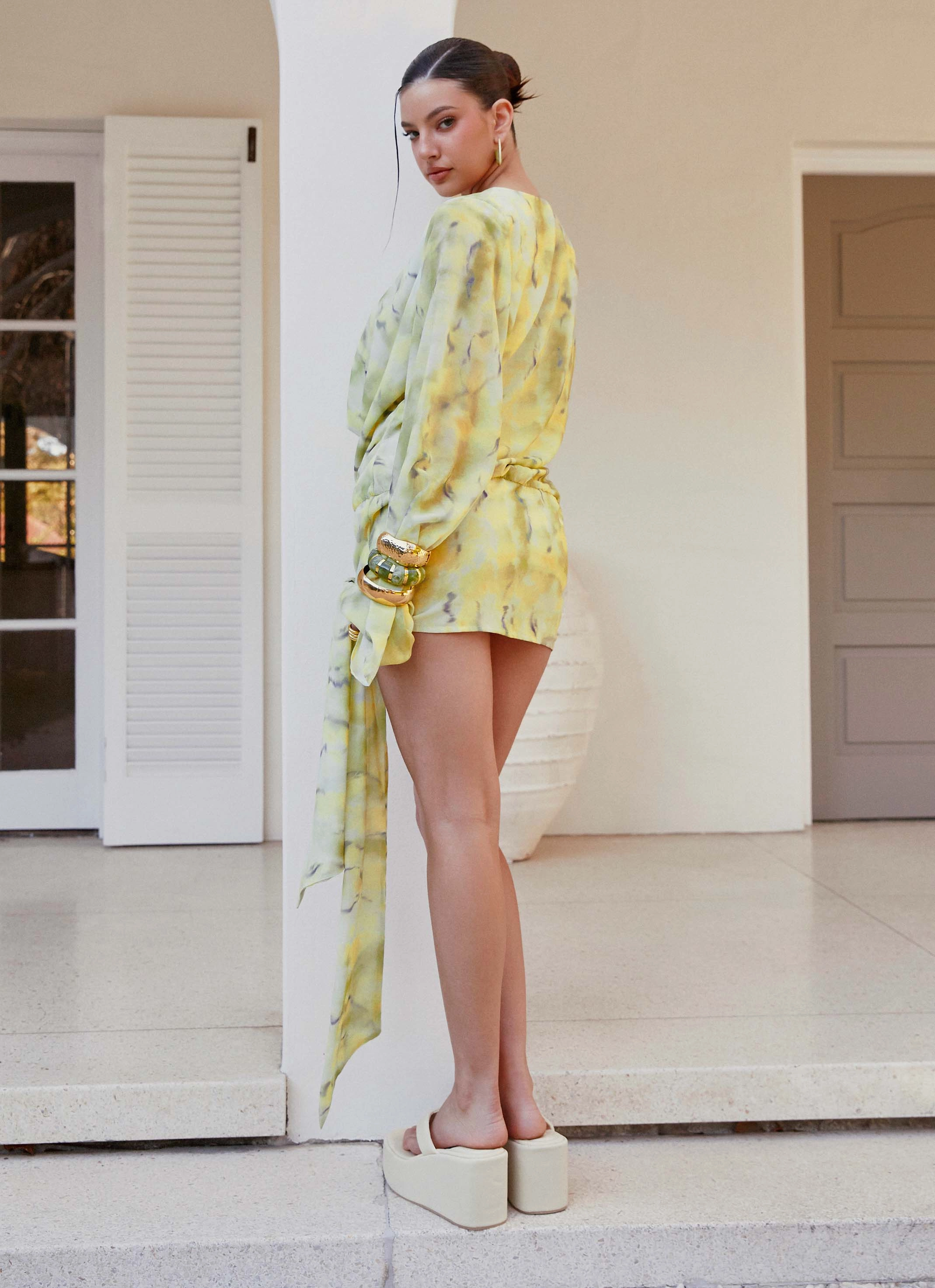 Tassel-Detail Style Base Sorrel Long Sleeve Mini Dress - Yellow Tie Dye