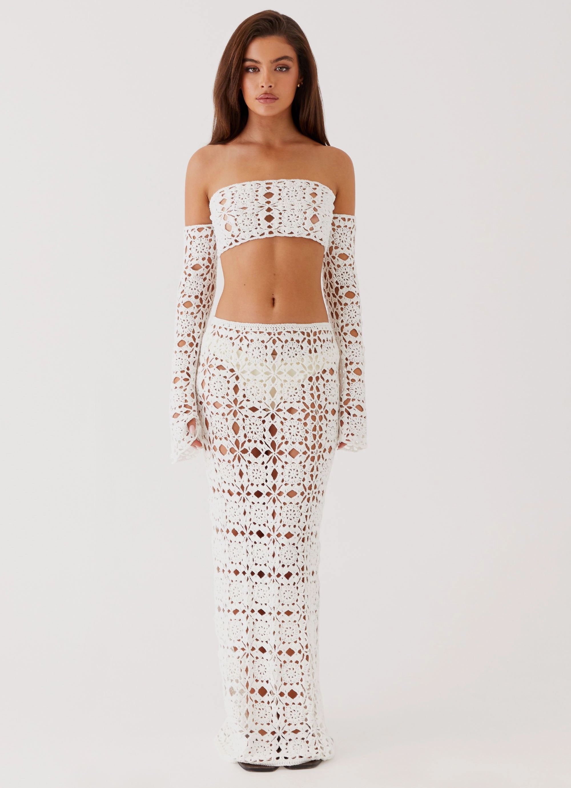Water Repellent Coating AdjustableClosure Sorrentino Crochet Long Sleeve Top - White