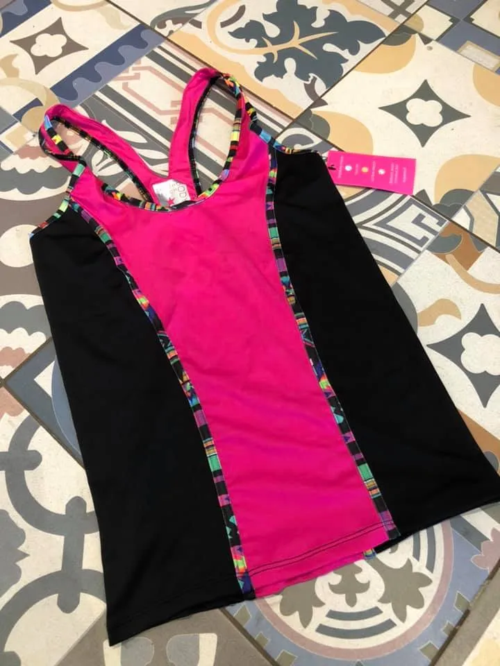 South Beach Pink & Black Panel with Neon Trim Racer Back Tank Top Gym Activewear