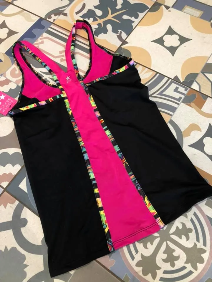 South Beach Pink & Black Panel with Neon Trim Racer Back Tank Top Gym Activewear