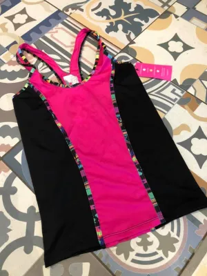 South Beach Pink & Black Panel with Neon Trim Racer Back Tank Top Gym Activewear