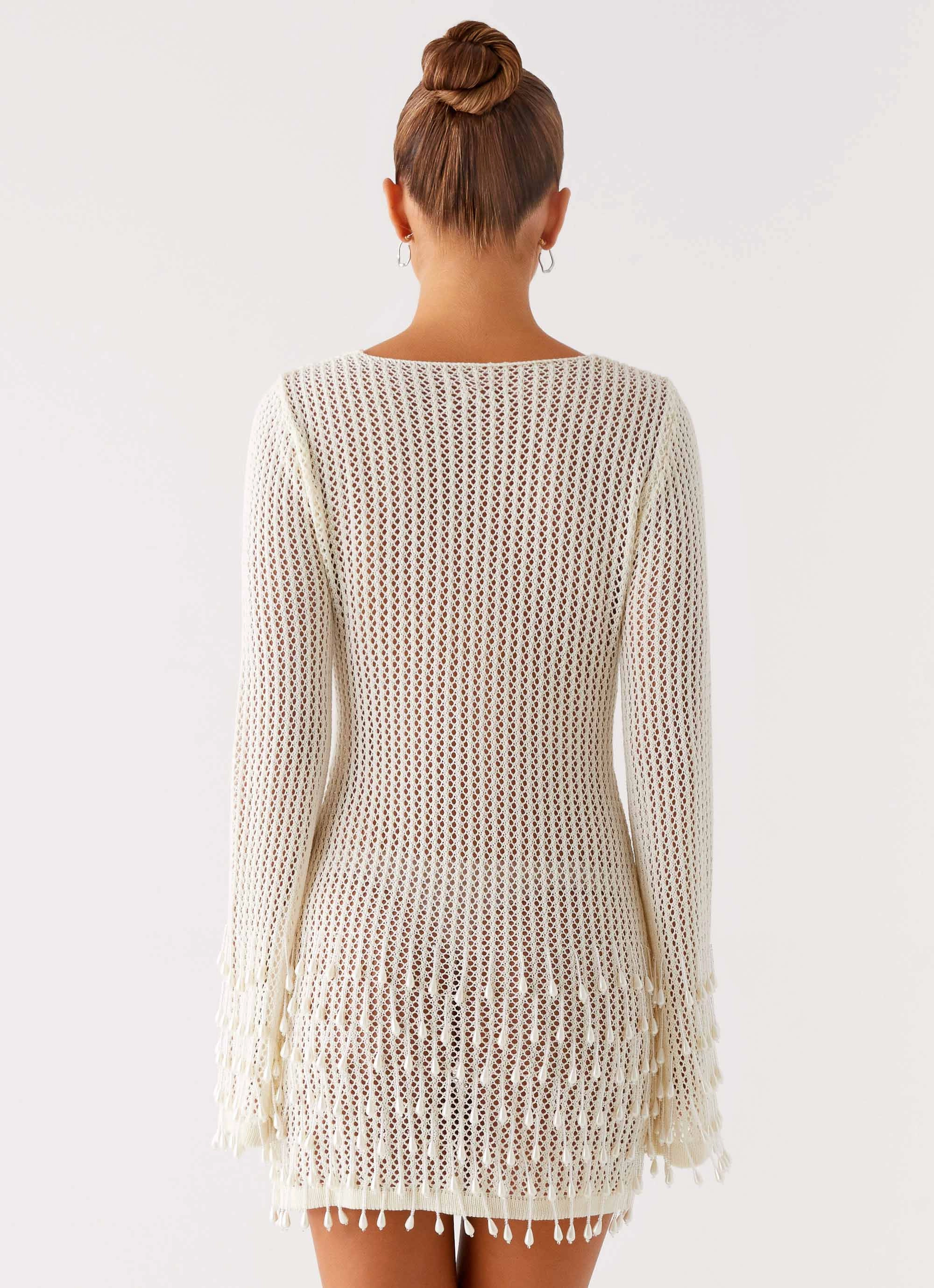 Majestic Beaded Crochet Mini Dress - Ivory Fine Texture Pleated design