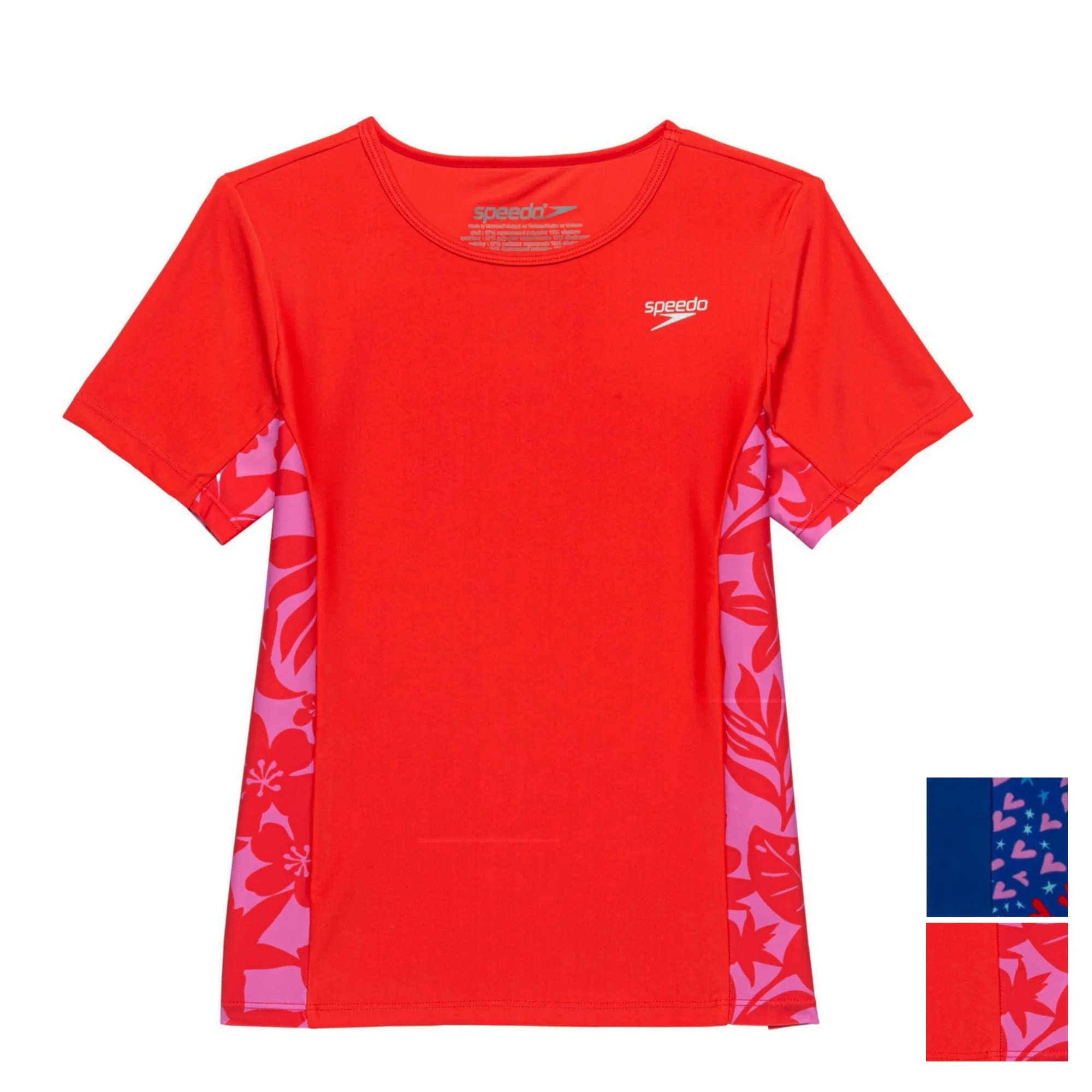 Speedo Big Girls Short Sleeve Print Splice Rash Guard UPF 50  T-Shirt Swim Top