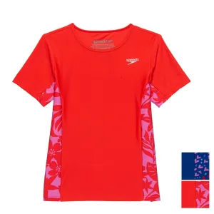 Speedo Big Girls Short Sleeve Print Splice Rash Guard UPF 50  T-Shirt Swim Top