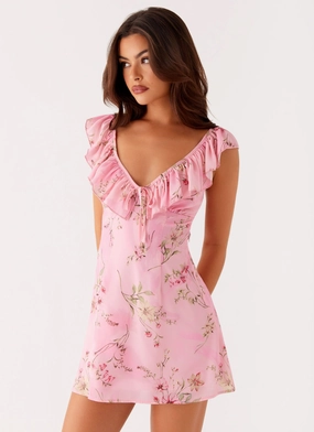 Adrina Ruffle Mini Dress - Pink Floral Print Trendy Design Maximalist-Trend