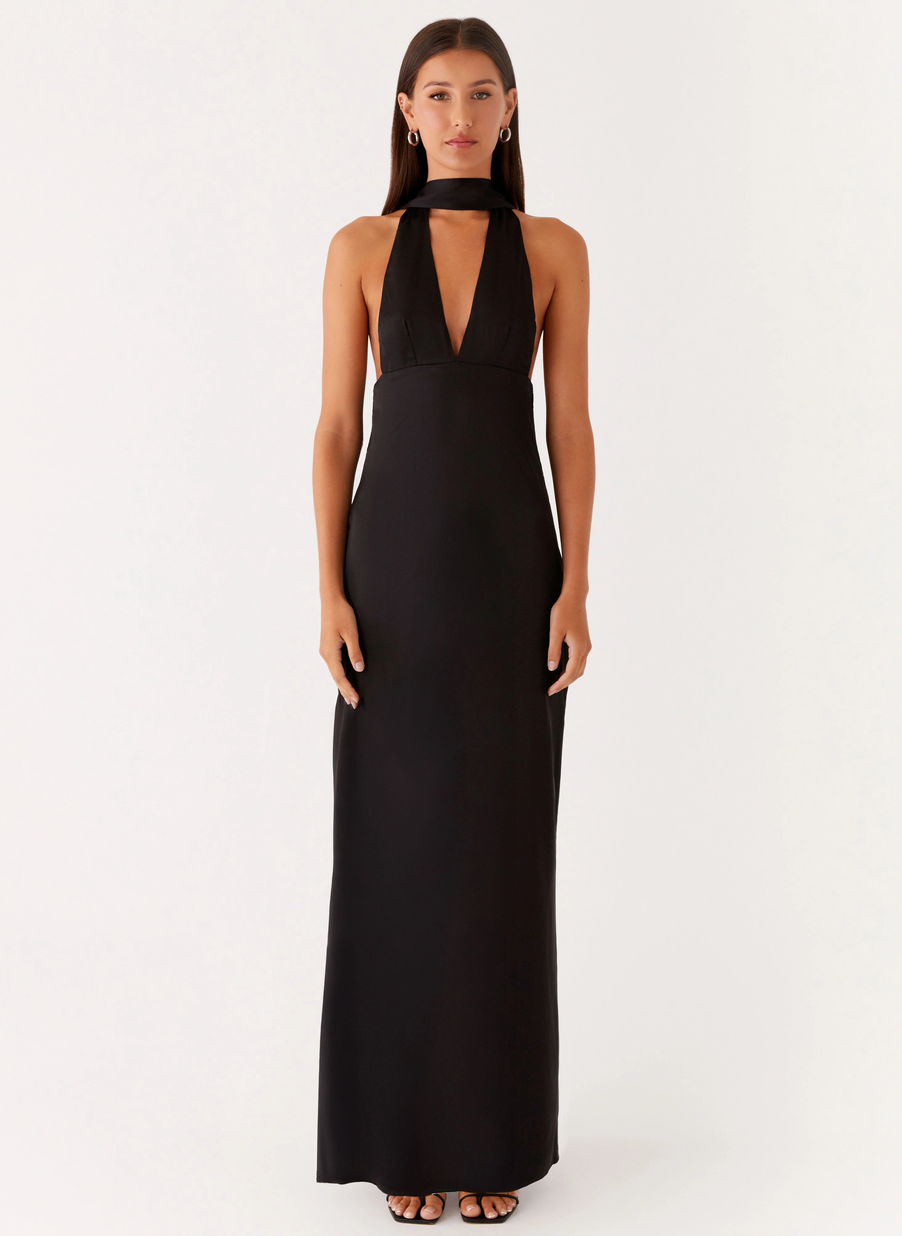 Midi-Length Alicia Satin Halter Maxi Dress - Black