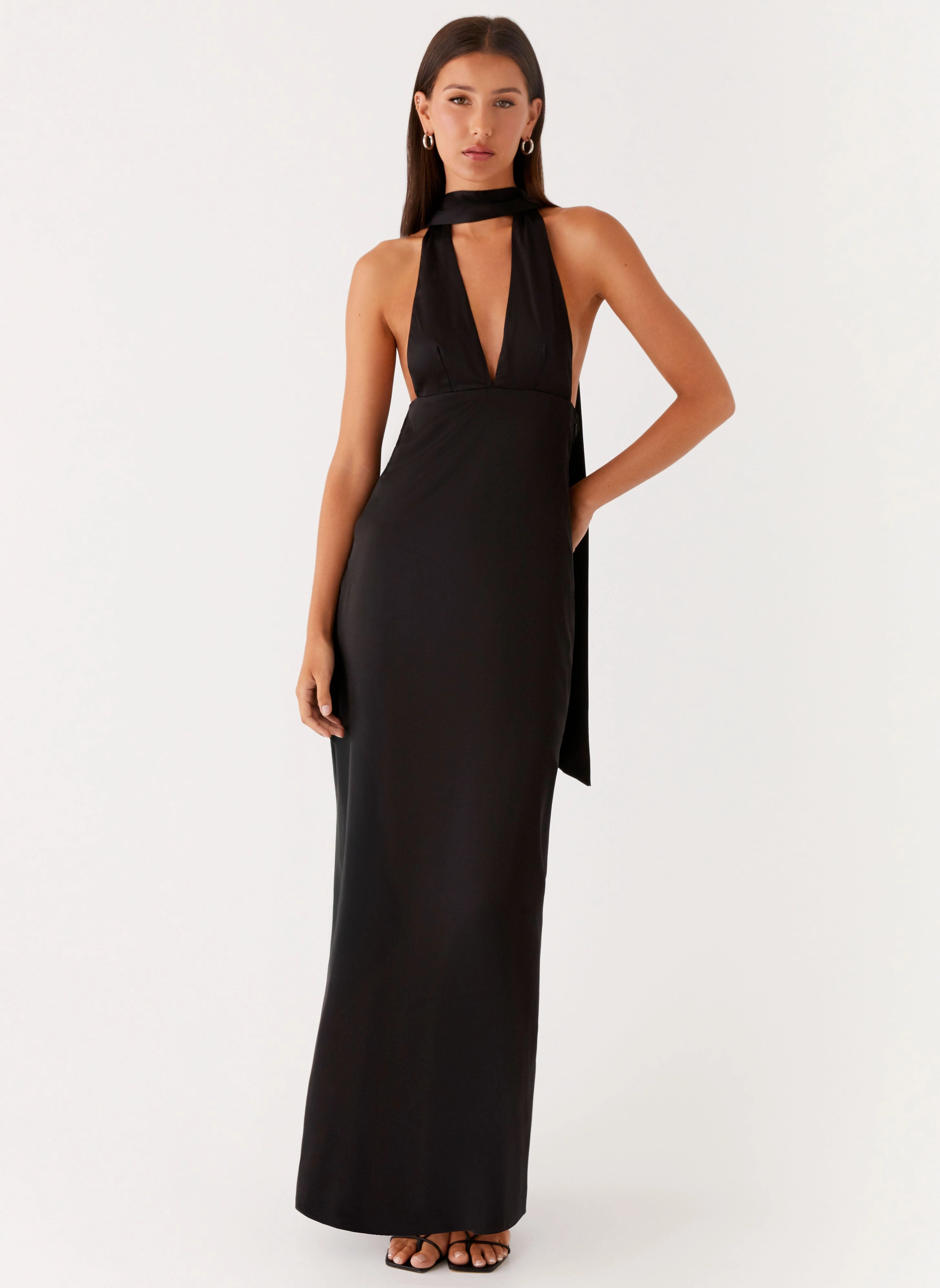 Classic Mood Feminine Style Alicia Satin Halter Maxi Dress - Black