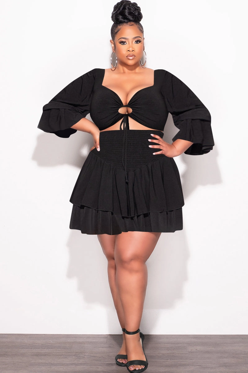Final Sale Plus Size 2pc Set Off the Shoulder Crop Tie Top and Ruffle Layered Hem Mini Skirt in Black Core Movement