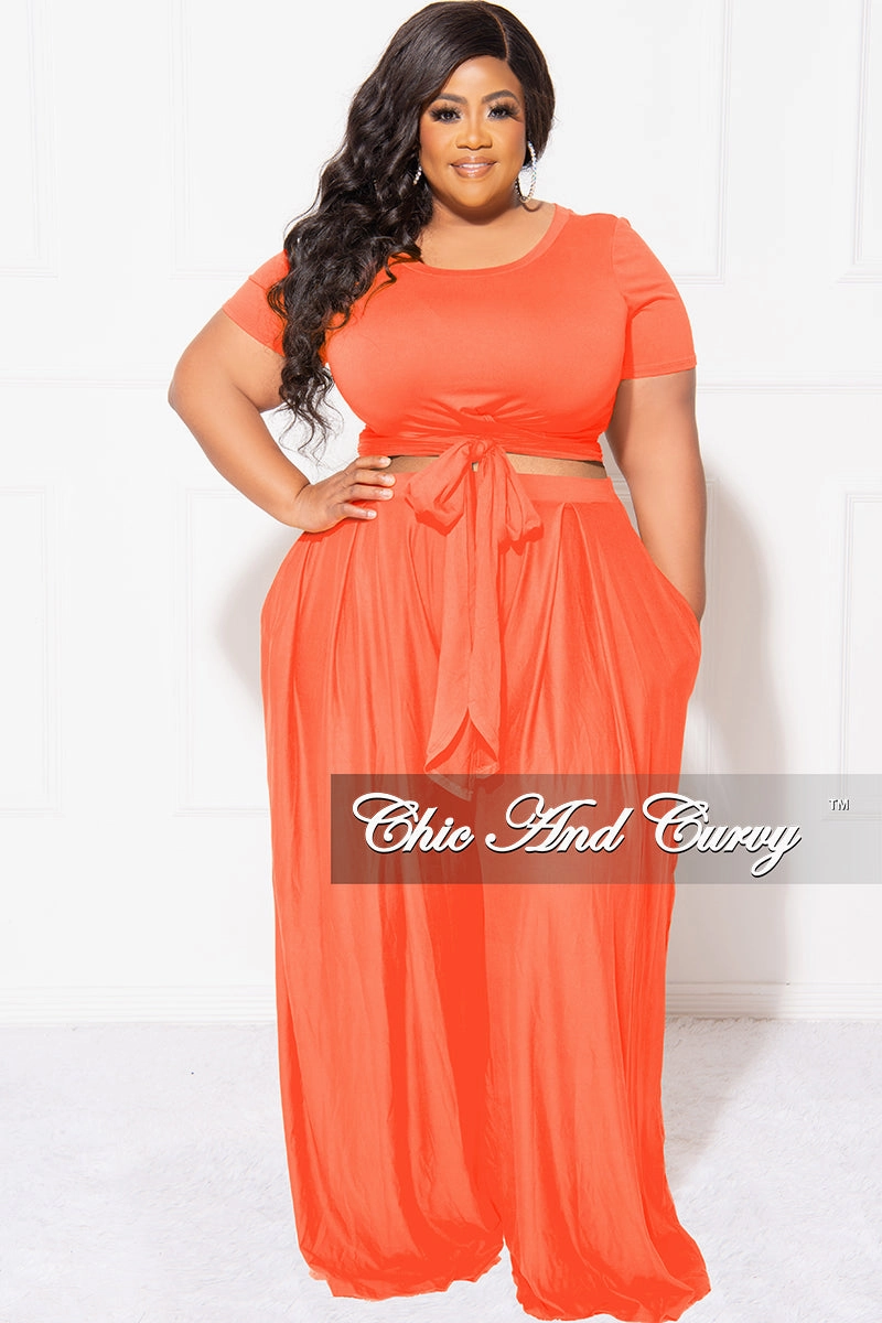Quick Change Casual Vibes Final Sale Plus Size 2pc Set Cropped Tie Top & Pants in Orange