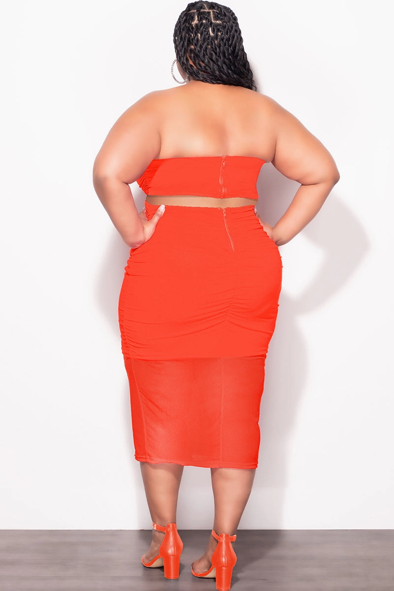 Final Sale Plus Size Sheer 2pc Strapless Crop Top and Skirt Set in Orange Durable Waistband