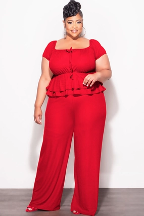 Final Sale Plus Size 2pc Ribbed Peplum Top and Pants Set in Red Chilly Weather Wear Simple Comfort Wear