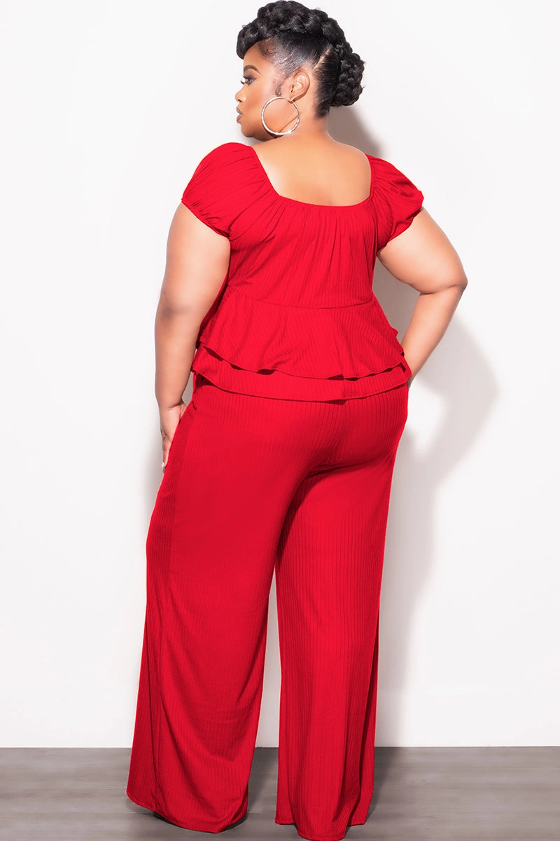 Final Sale Plus Size 2pc Ribbed Peplum Top and Pants Set in Red Rest Easy