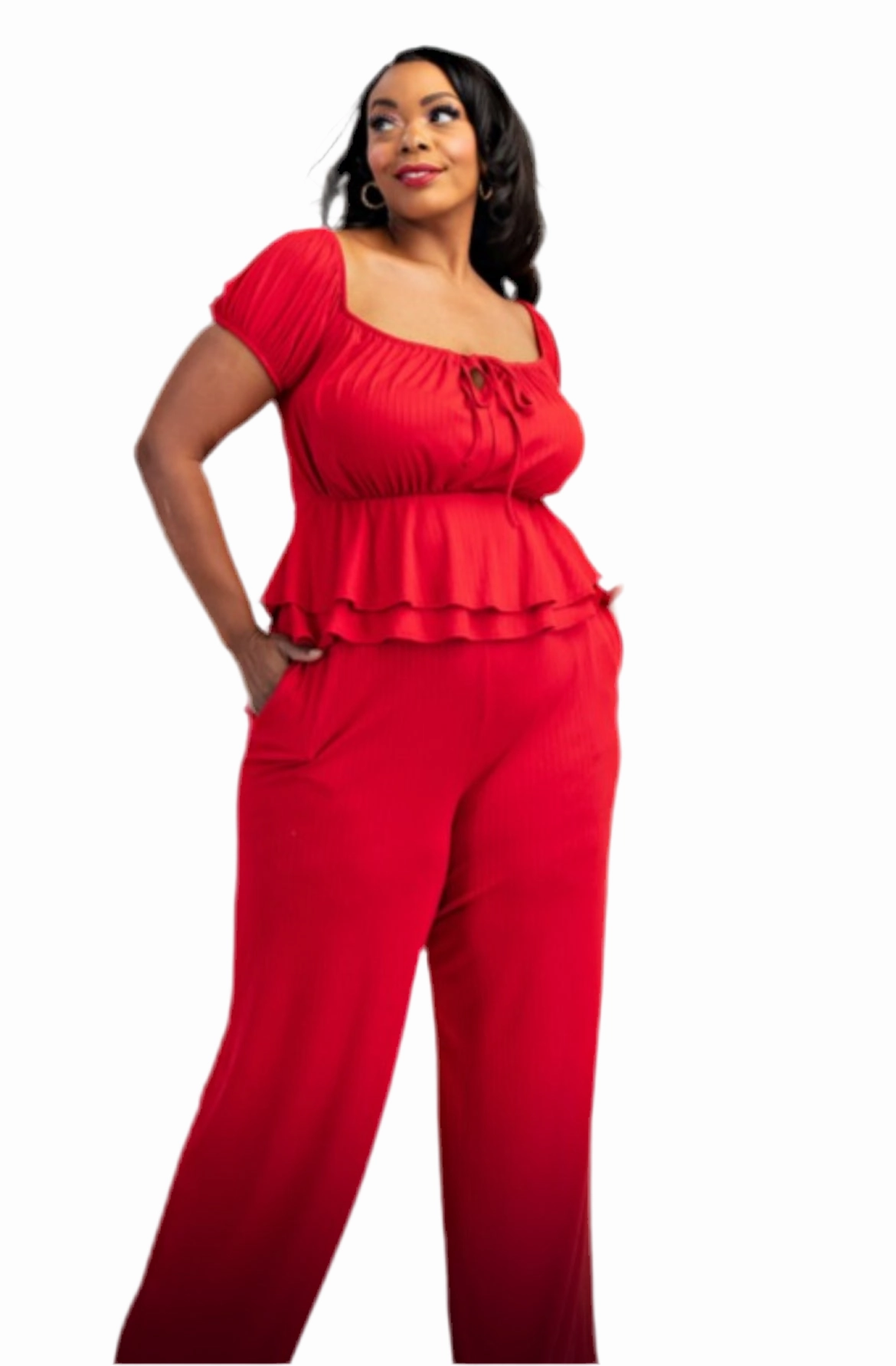 Rugged Wear Final Sale Plus Size 2pc Ribbed Peplum Top and Pants Set in Red
