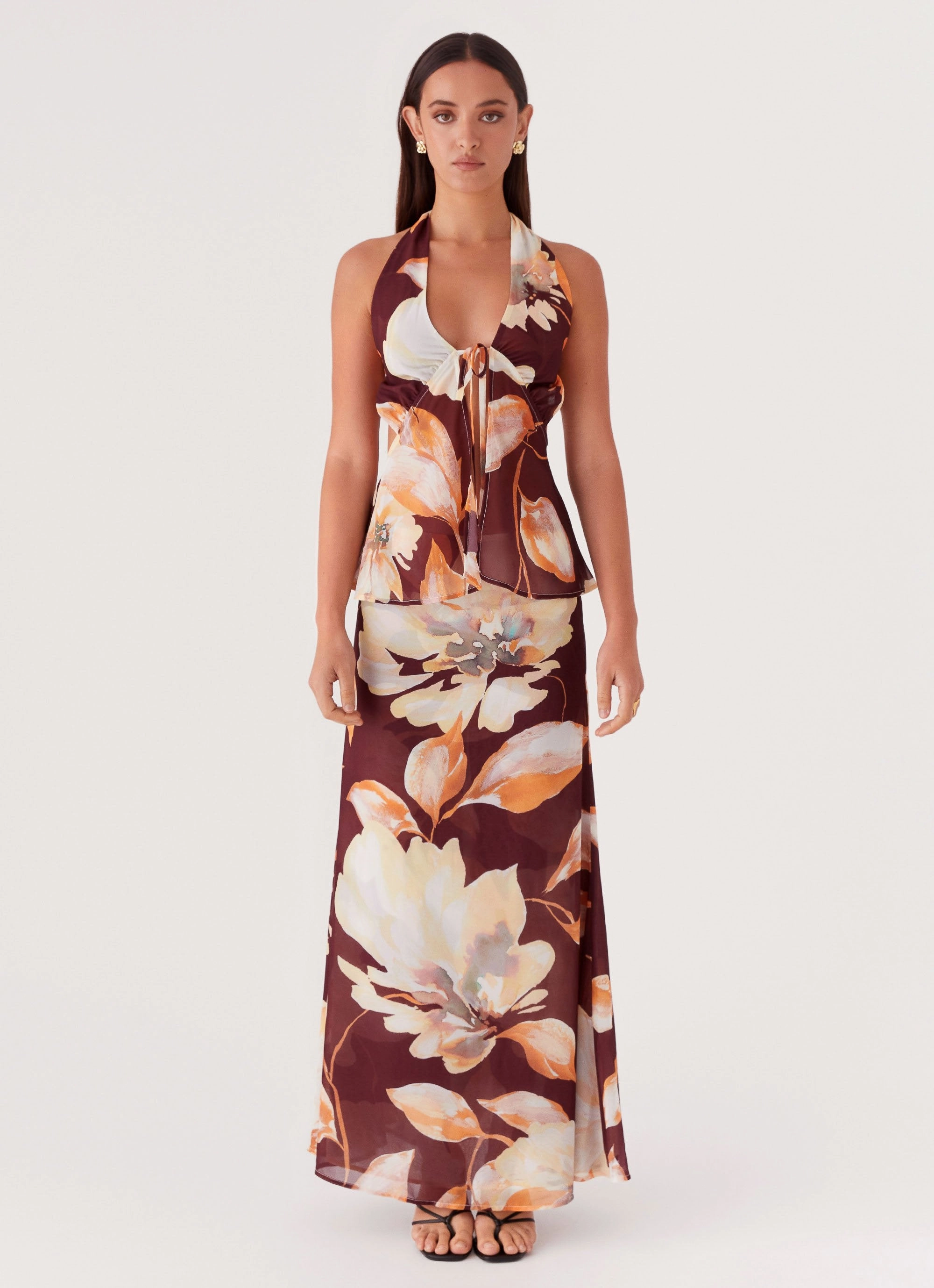 Camellia Halterneck Top - Brown Floral Double Needle Hemming Activewear Top