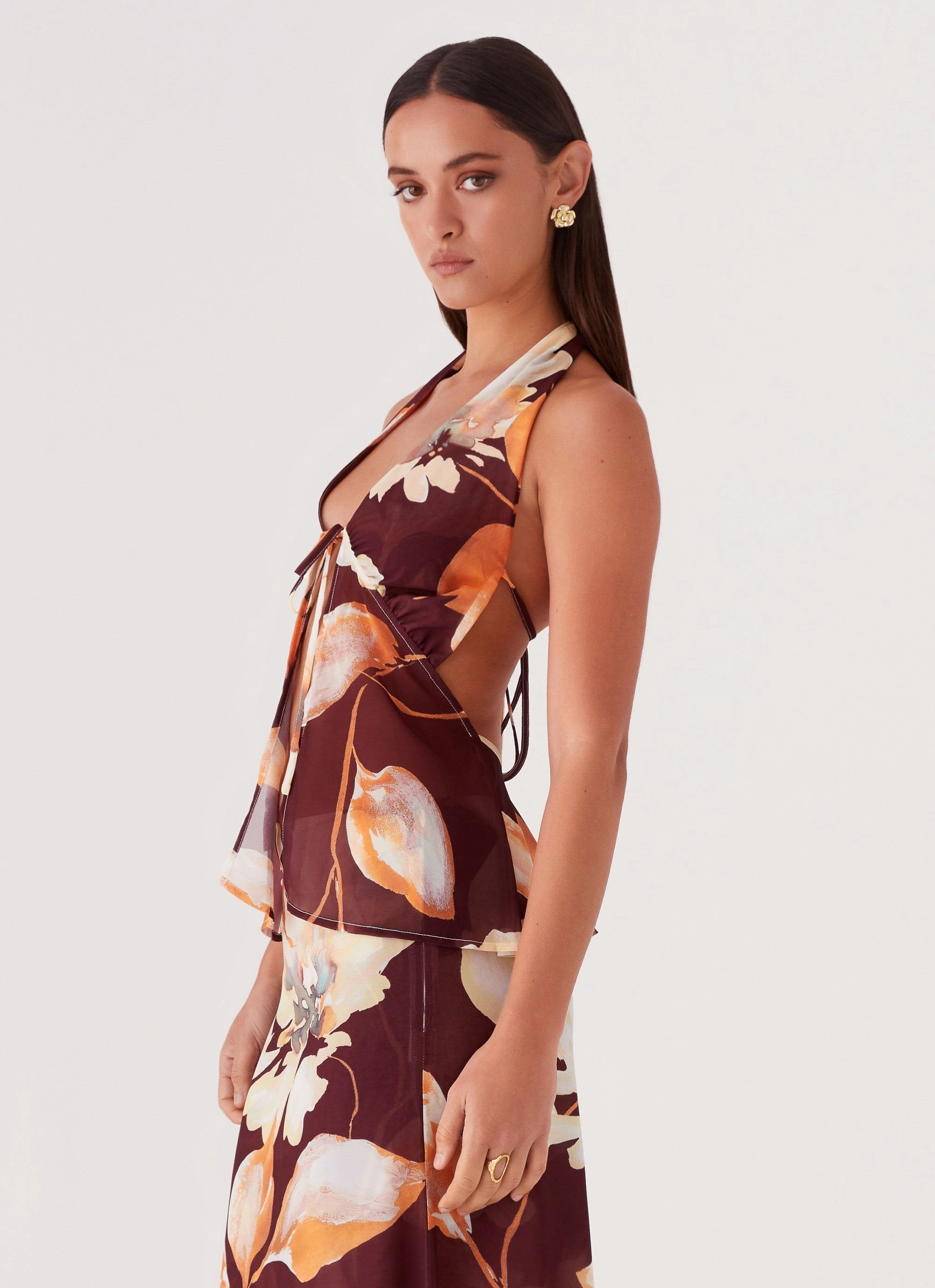 Snag Resistant Surface Camellia Halterneck Top - Brown Floral