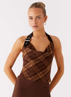 Distressed Texture Architectural Tailoring Stateside Cowl Top - Plaid