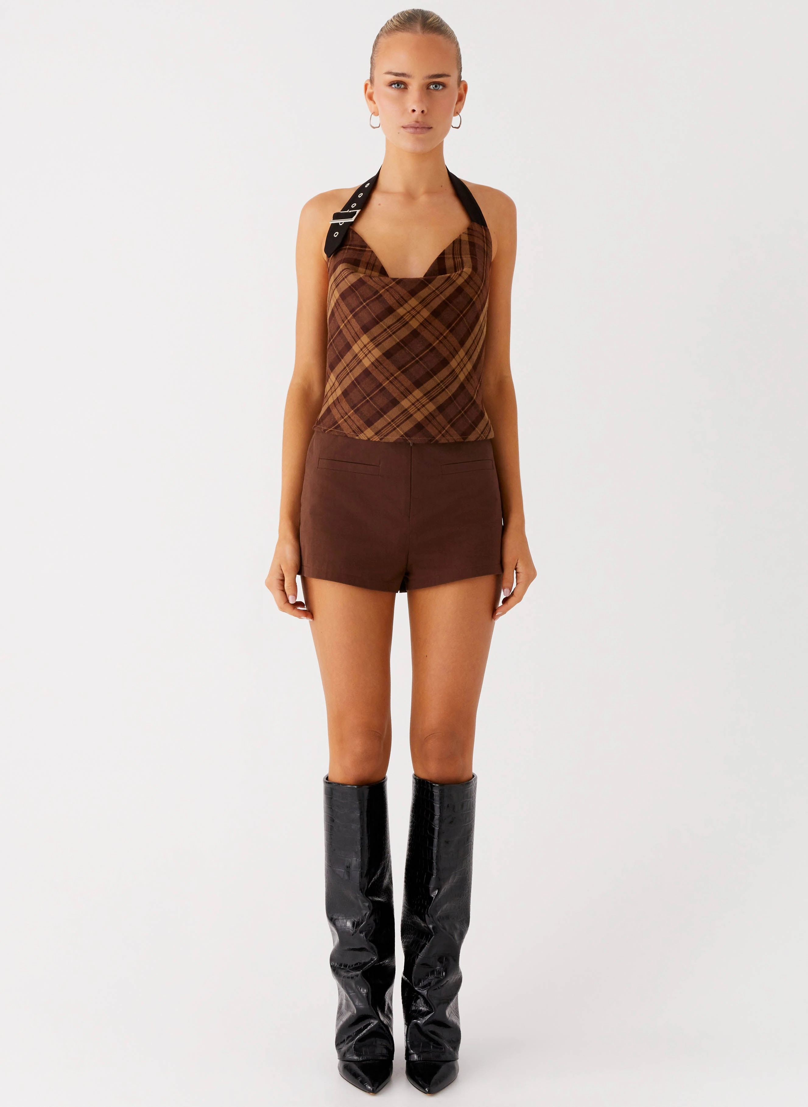 Layered Neckline Organic Cotton Blend Stateside Cowl Top - Plaid