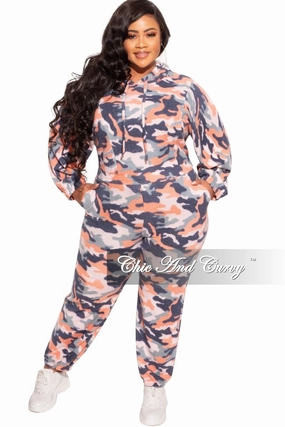 Double Layered Hem Final Sale Plus Size Jogger Set in Orange Camo Print