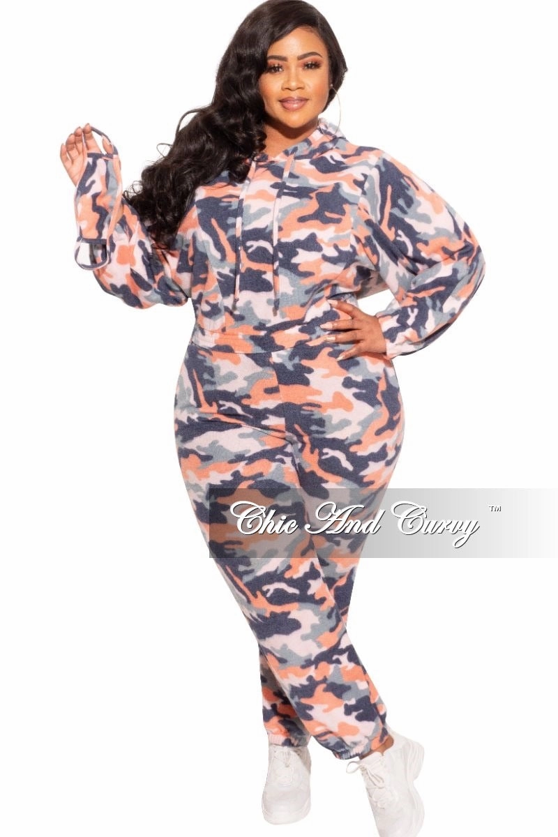 Final Sale Plus Size Jogger Set in Orange Camo Print Light Wear Fit Eco Friendly Dye
