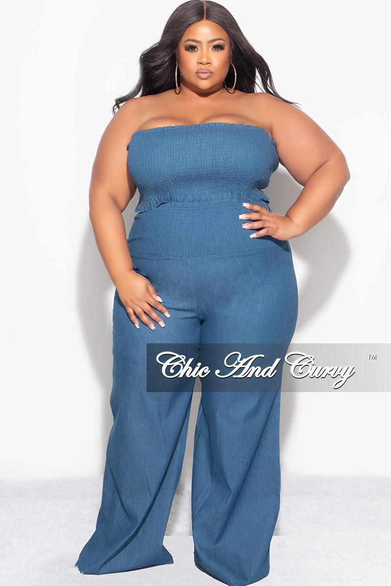 No Ride Fit Versatile Look Final Sale Plus Size 2pc Strapless Crop Top and Pants Set in Denim