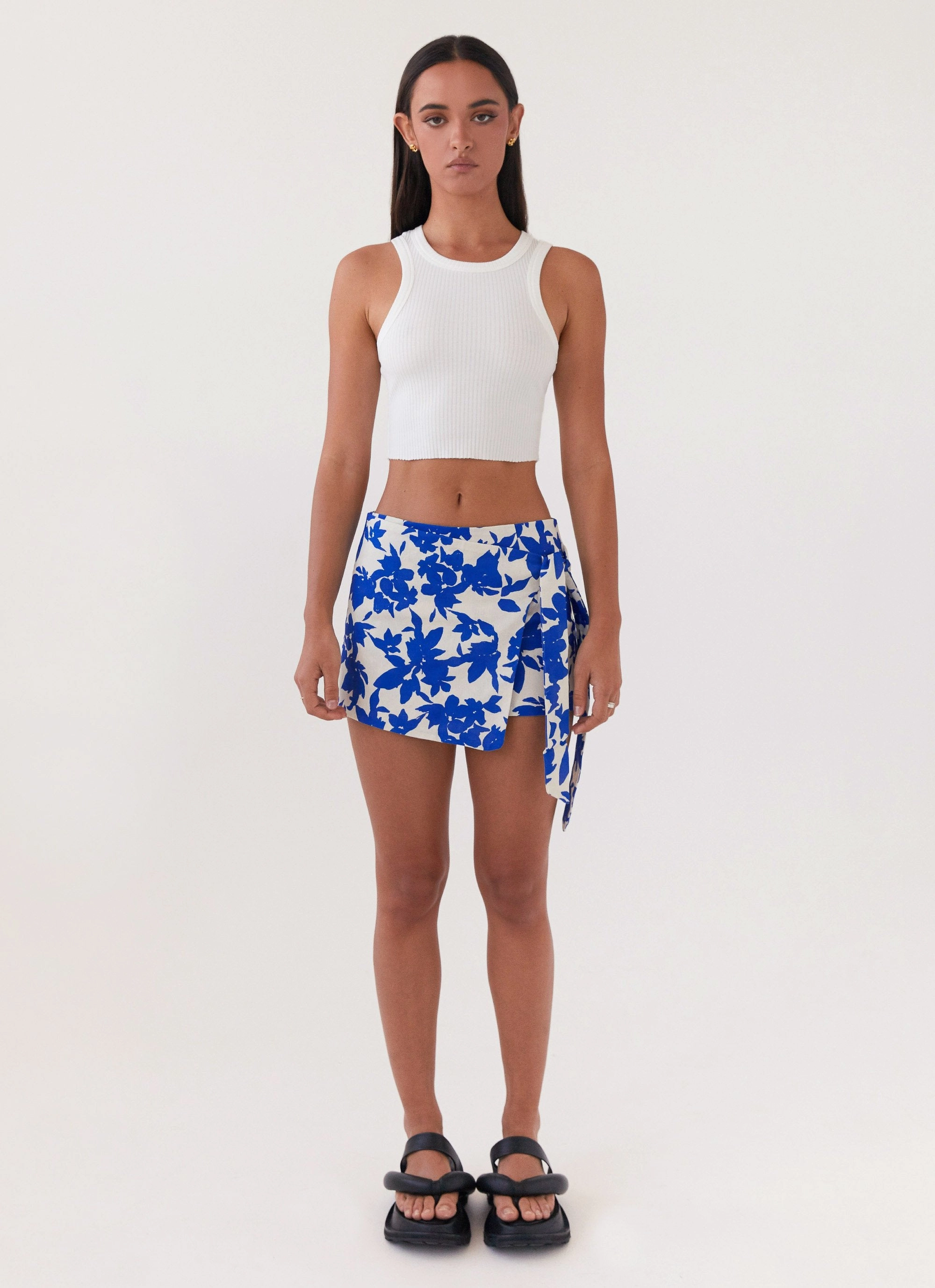 Steal Away Linen Wrap Skirt - Blue Floral Performance Fit Stretchable