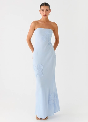 Embroidered Fabric Handmade Sassafras Beaded Flower Strapless Maxi Dress - Blue