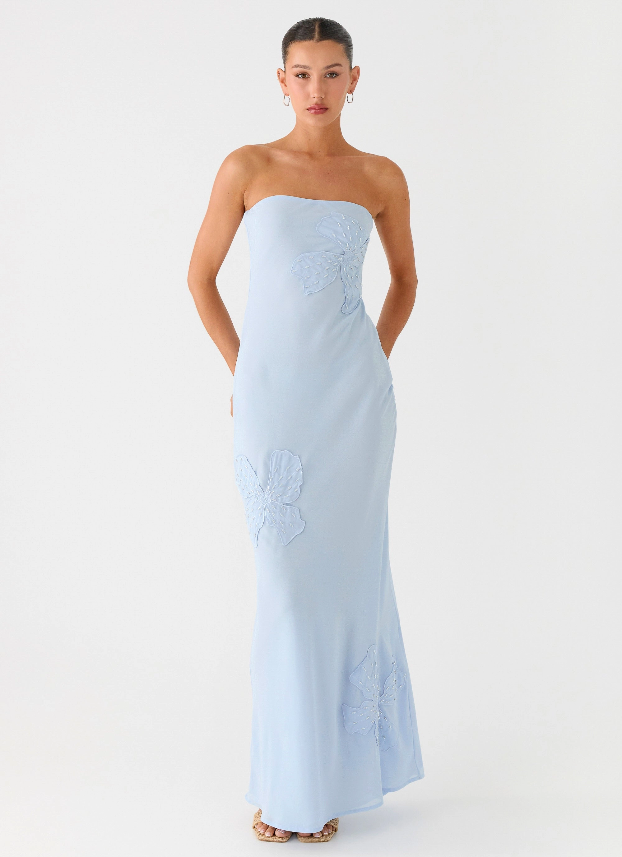 Embroidered Fabric Handmade Sassafras Beaded Flower Strapless Maxi Dress - Blue