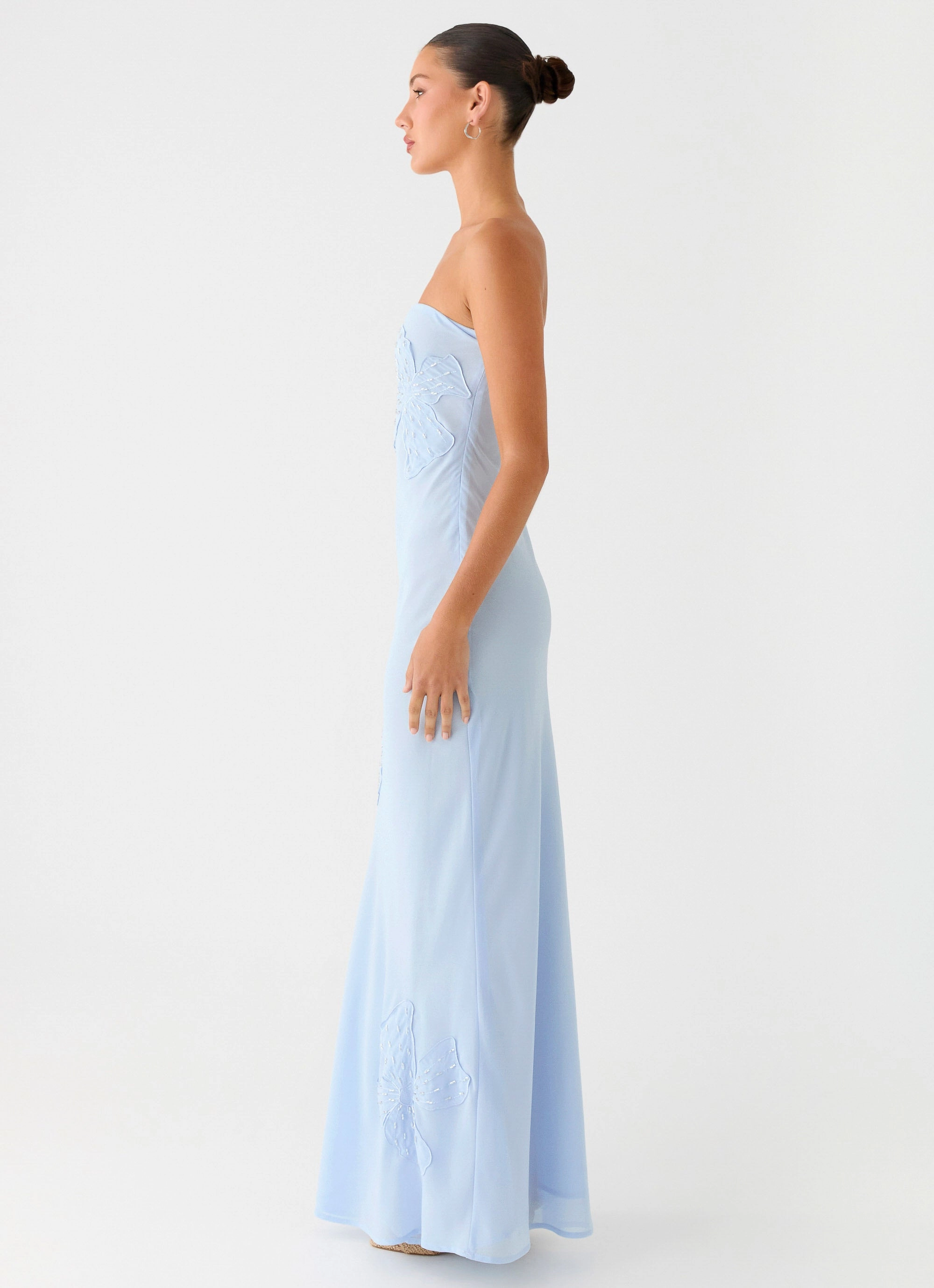 Sassafras Beaded Flower Strapless Maxi Dress - Blue Feminine Mood