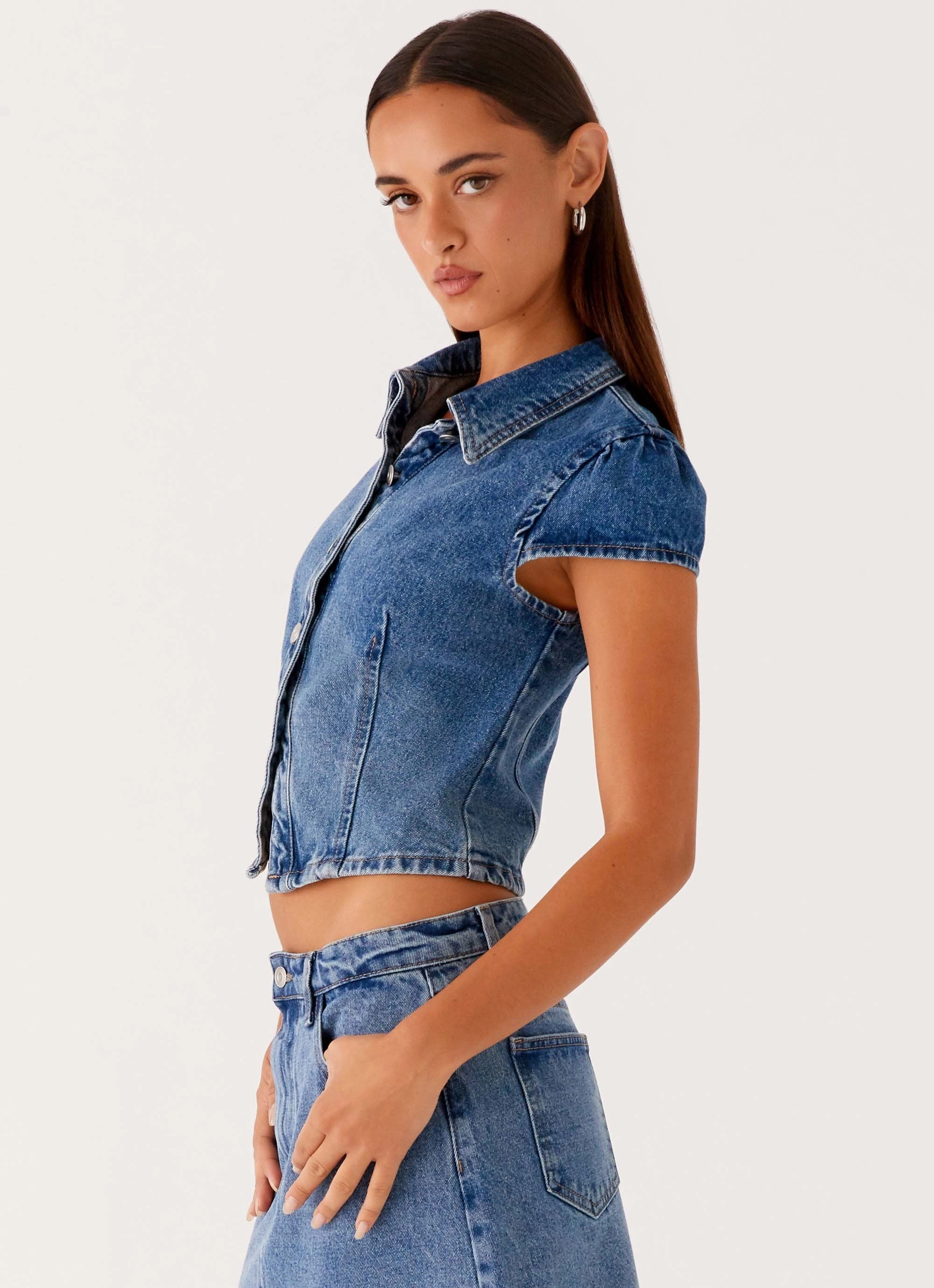 Reinforced Stitching Stella Button Up Top - Blue