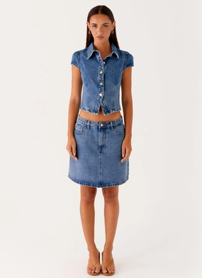 Wrinkle Free Fabric Stella Low Rise Mini Skirt - Blue