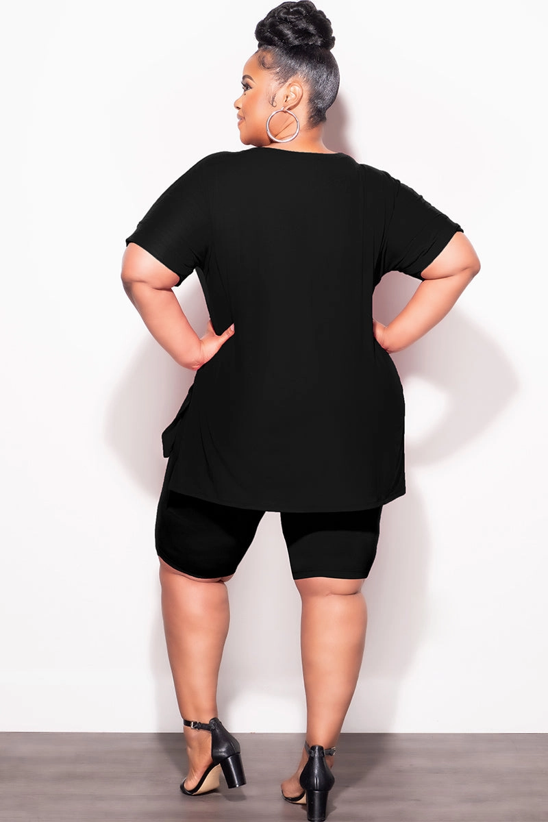 Quick Dry Fabric pilling resistant Final Sale Plus Size 2pc V-Neck Tunic Top and Matching Shorts Set in Black