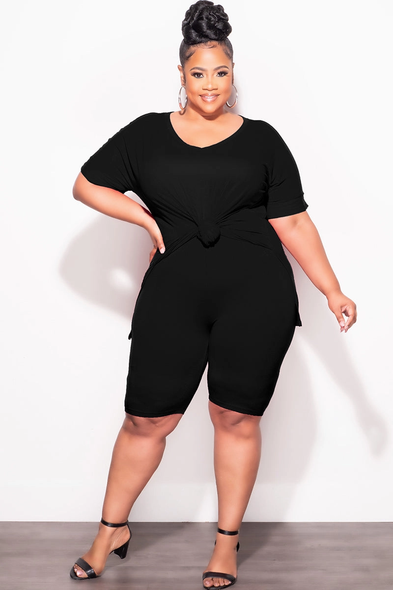 Weekend Wear Lightweight Wear Final Sale Plus Size 2pc V-Neck Tunic Top and Matching Shorts Set in Black