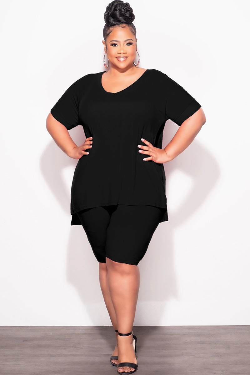 Breathable Performance Wear Final Sale Plus Size 2pc V-Neck Tunic Top and Matching Shorts Set in Black