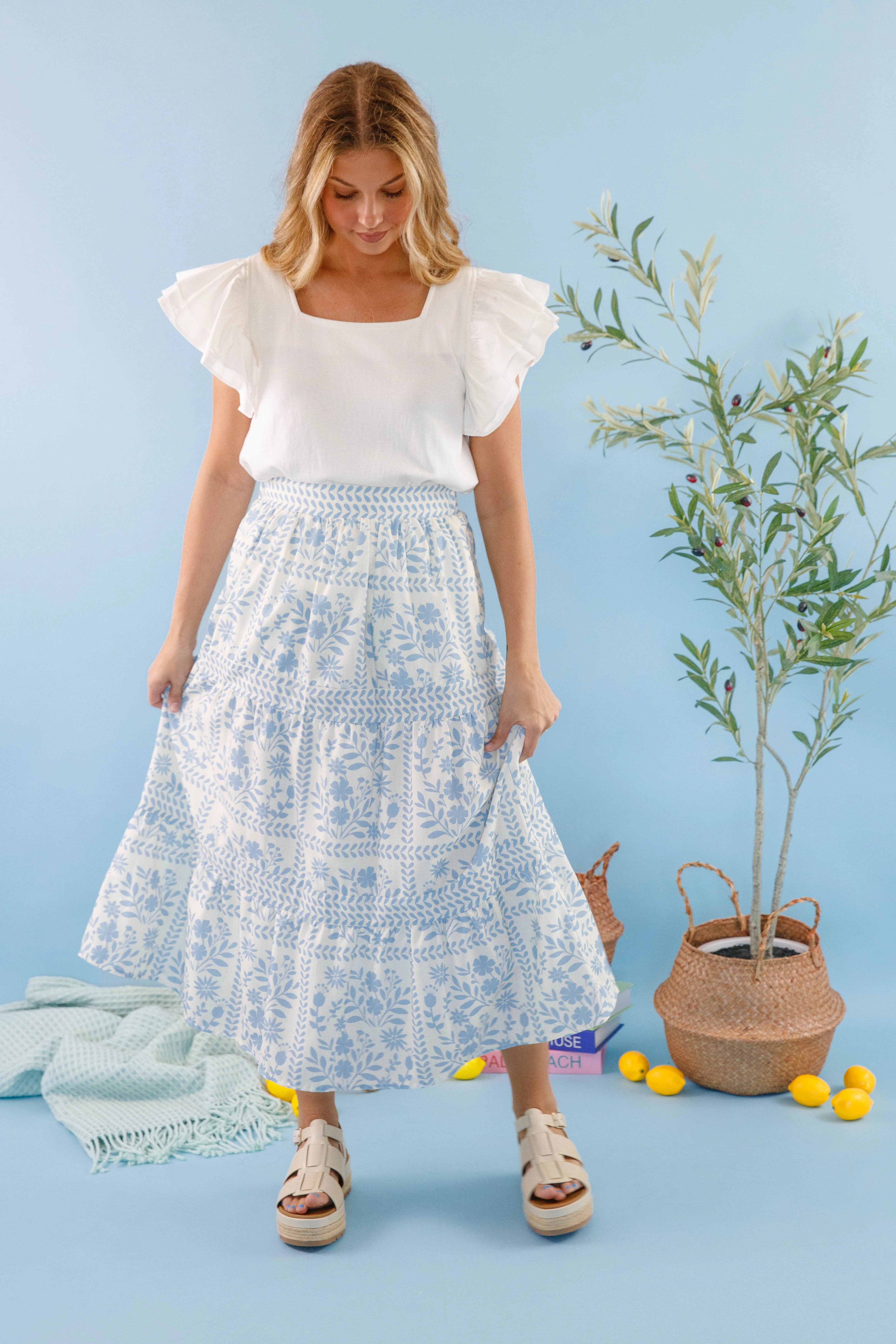 Timeless Comfort Fit AntiSnagZippers Lots Of Happiness Midi Skirt-Sky Blue