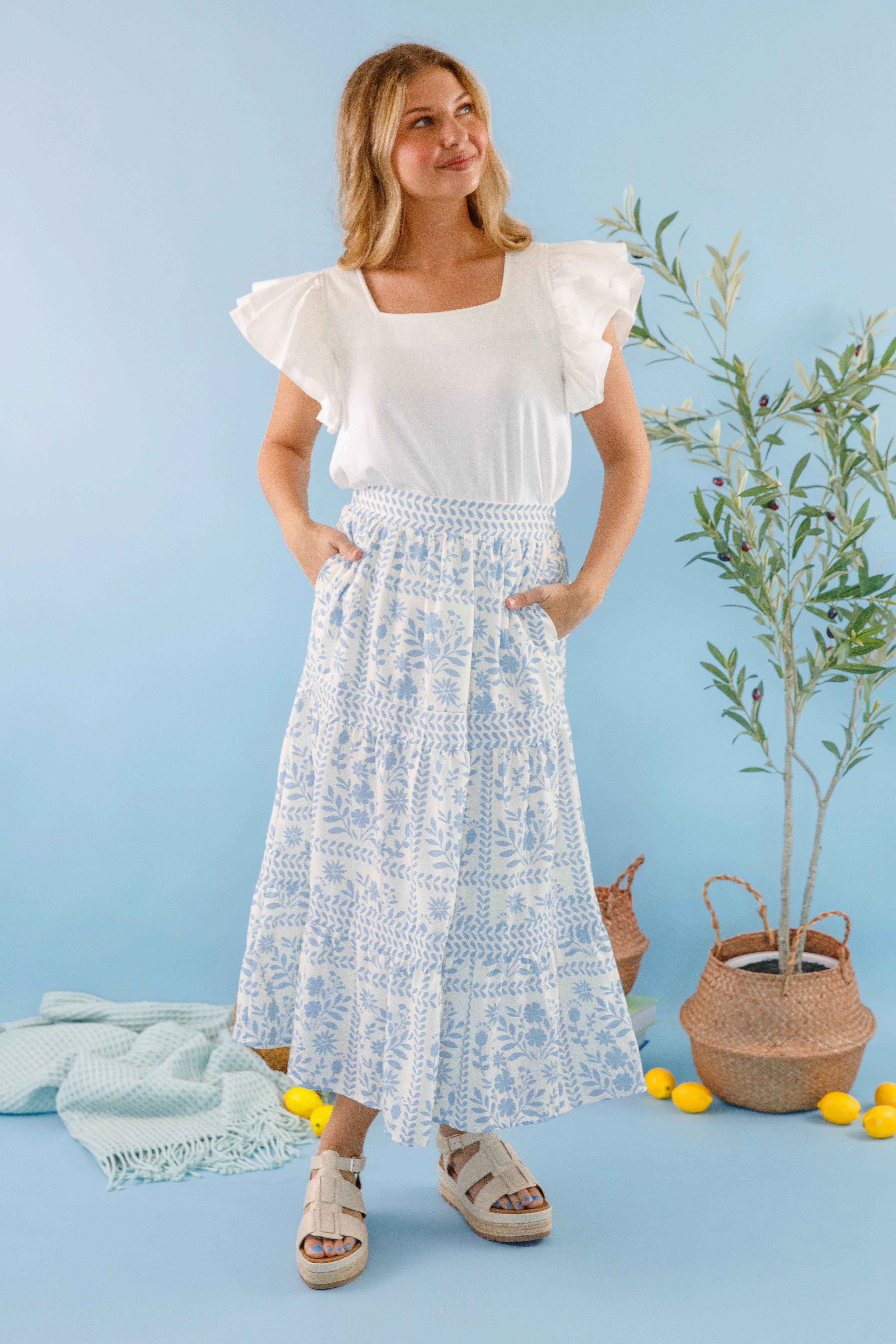 Lots Of Happiness Midi Skirt-Sky Blue EasyCareFabric